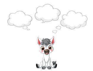 Obraz premium Cartoon Zebra Foal Sitting with Blank Thought Bubbles Vector Illustration