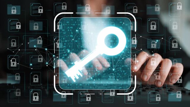 Digital Security Concept with Key Symbol Overlaid on Hands Typing on Keyboard Surrounded by Locked Data Illustrations and Abstract Technology Background Sigmoid
