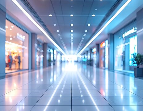 Modern shopping mall corridor with bright lights and reflections.