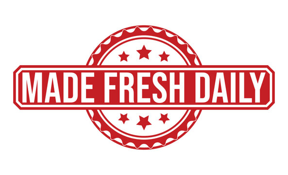 A red Made Fresh Daily stamp with white text and decorative stars on a white background