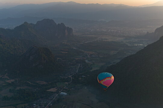aerial view of the mountains from hot air balloon in the morning