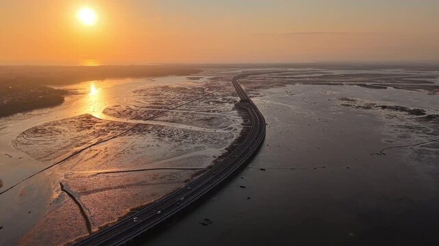 Aerial view of a long coastal highway bridge curving across tidal flats at sunset, warm golden light reflecting on wet mudflats and water, conveying calm, solitude and coastal travel