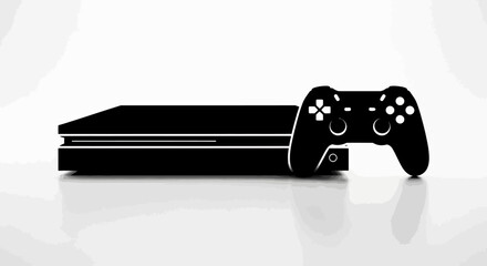 Black gaming console with controller on white background with controller beside video game entertainment illustration technology electronic with silhouette © Tithi