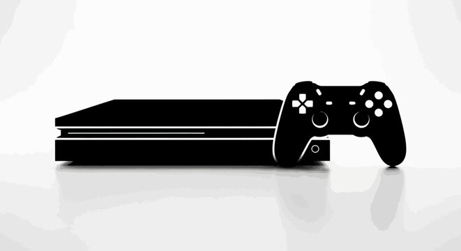 Black gaming console with controller on white background with controller beside video game entertainment illustration technology electronic with silhouette