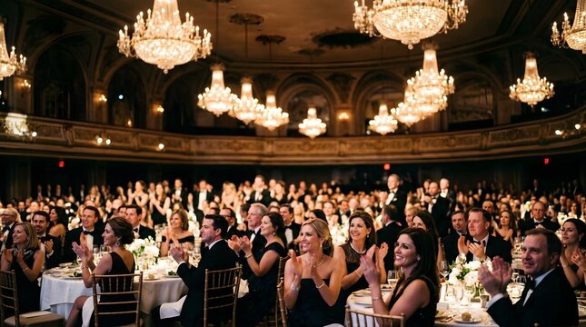 Elegant guests in black tie attire applauding at a formal gala dinner