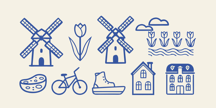 Dutch Icons Collection Windmills Tulips Bicycle And Traditional Buildings Blue Line Art