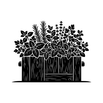 Wooden planter box overflowing with lush greenery silhouette illustration