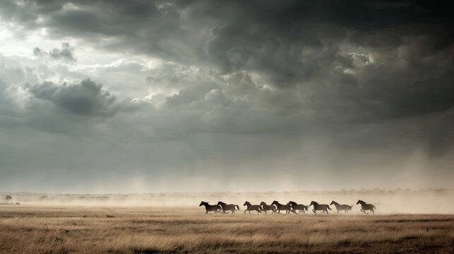 Majestic Herd of Wild Horses Galloping Under Dramatic Cloudy Sky