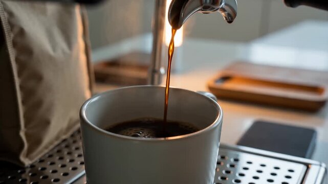Close-up of rich coffee being brewed into a white cup on a modern coffee machine with warm lighting