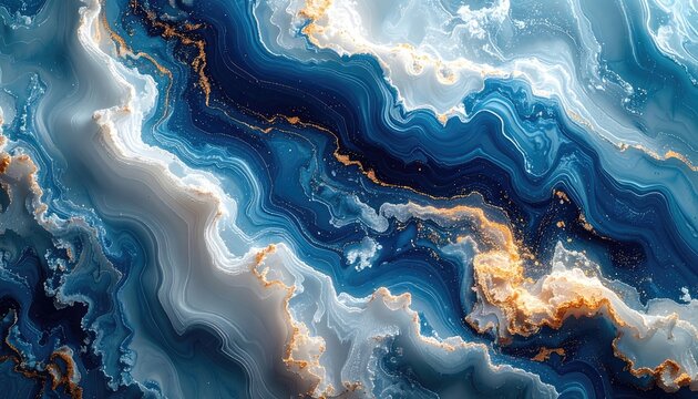 Abstract swirling patterns of blue and gold create a mesmerizing visual texture.