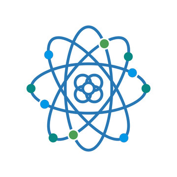 Symmetrical atomic structure icon representing science and technology.
