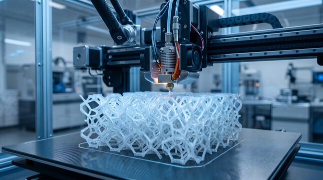 Robotic 3D Printer Nozzle Printing Complex Lattice Structure in Automated High-Tech Industrial Laboratory