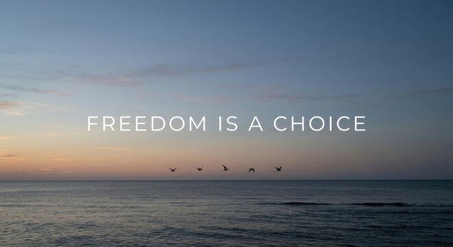 Birds in flight over the ocean horizon at sunset with the word Freedom