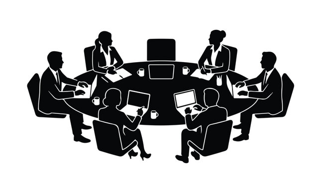 Business team having corporate boardroom meeting around round table with laptops vector silhouette illustration for strategy and teamwork