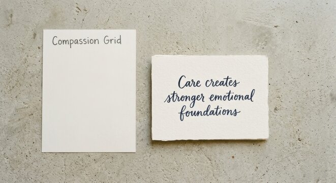 Card with 'Care creates stronger emotional foundations' message and 'Passion Grid' label on textured surface