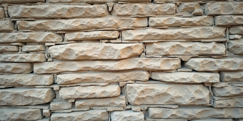 Fototapeta premium Beige stone veneer wall texture background with stacked sandstone bricks for modern architectural design