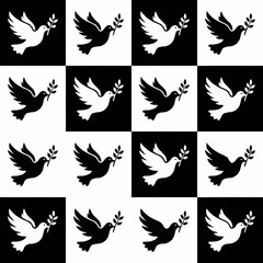 Fototapeta premium Black and white doves with olive branches in pattern.