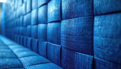 Fototapeta premium Close-up view of a textured blue quilted wall paneling.