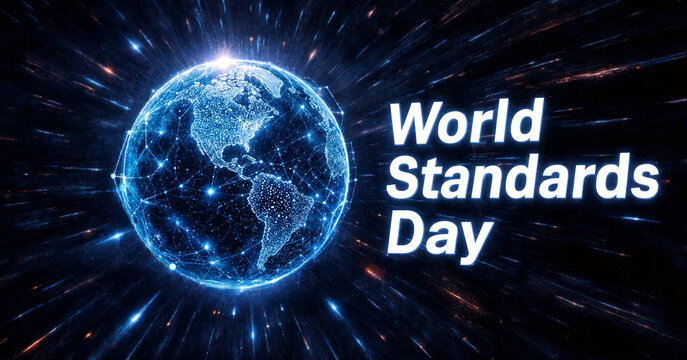 Glowing digital globe with interconnected networks celebrating global standards and technology advancement
