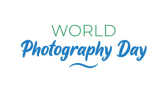 Clean minimalist typography layout for World Photography Day with thin green sans serif text and blue script lettering on white