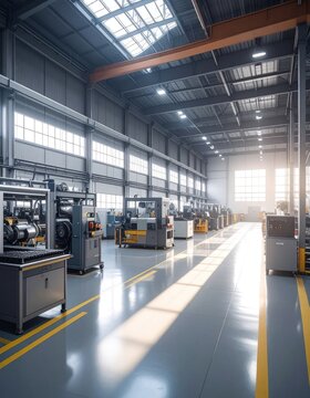 Modern industrial factory interior with machinery and natural light.