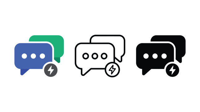 Fast chat response icon set featuring speech bubbles with lightning bolt symbol for instant messaging quick support and active communication