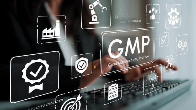 Concept of Good Manufacturing Practices with Modern Technology in Production and Quality Control Settings Featuring Digital Icons and Hands on Keyboard. Entropy.