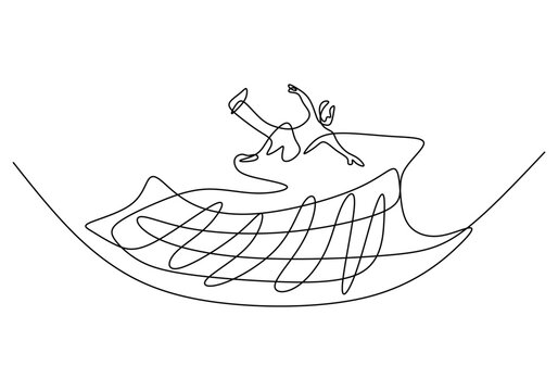 Person falling into giant safety net for support modern one line drawing.