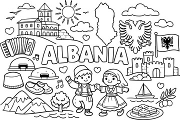 Fototapeta premium Albanische Wahrzeichen als Cartoon-Umriss, handgezeichnete Linienkunst-Illustration, Doodle-Kunst-Malvorlage für Kinder