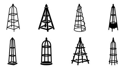 Fototapeta premium Minimalist garden obelisk and plant trellis vector silhouette set. Eight unique structures for climbing roses and vines perfect for landscaping designs, home gardening blogs, catalogs, and posters.