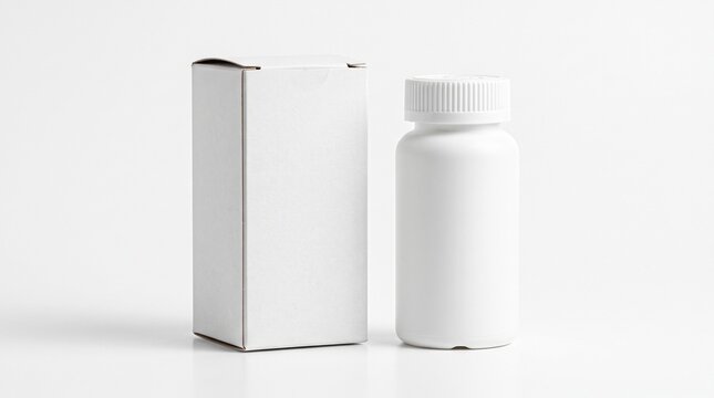 Blank white pill bottle and paper box packaging