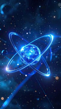 A luminous atomic structure with orbiting electrons glows brightly against a dark, starry background.