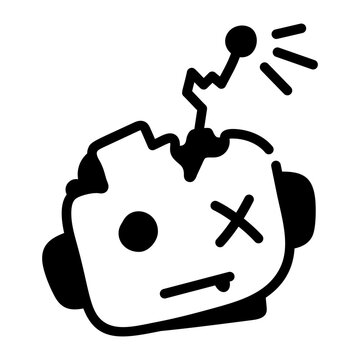 Hand-drawn damaged robot face with a cracked and broken expression.