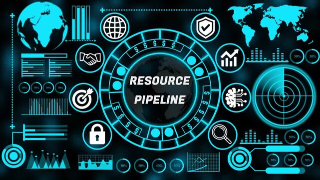 Strategic resource pipeline concept with interconnected business technology internet icons supporting enterprise decision making and growth. 4k animation video 