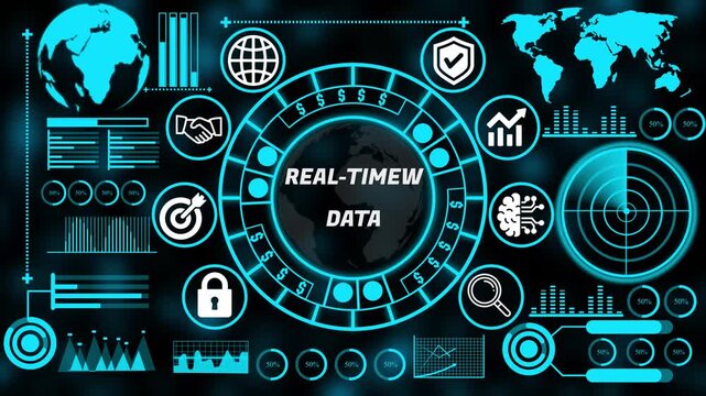 Strategic real-timew data concept with interconnected business technology internet icons supporting enterprise decision making and growth. 4k animation video 