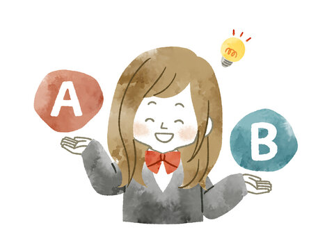 比較をしている笑顔の女子学生-水彩