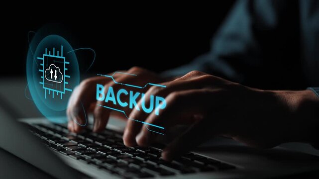 Hands typing on a laptop with glowing backup symbol and cloud icon, representing data security and technological innovation in digital storage solutions. Entropy.