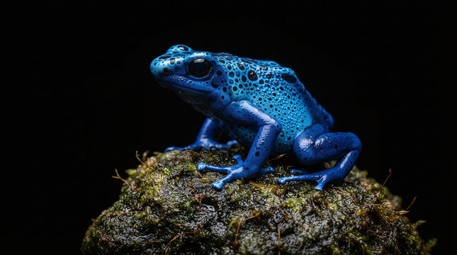 Blue Poison Dart Frog Perched on Mossy Rock Isolated on Black Background