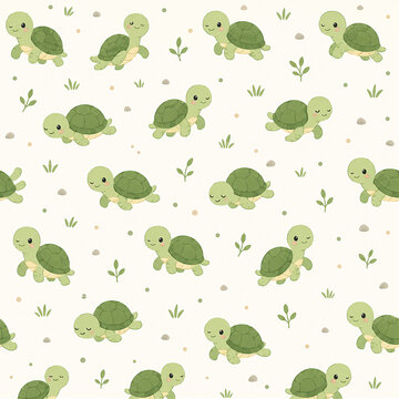 Cute seamless pattern of cartoon turtles on a white background, ideal for fabric, wallpaper, and children's designs