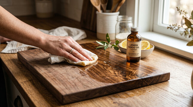 Hand cleaning wooden cutting board with natural oil in kitchen  