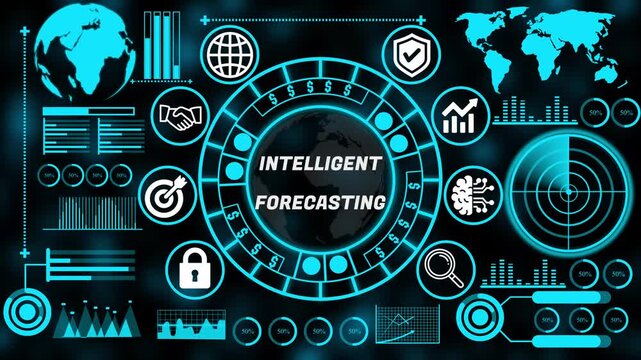 Strategic intelligent forecasting concept with interconnected business technology internet icons supporting enterprise decision making and growth. 4k animation video 