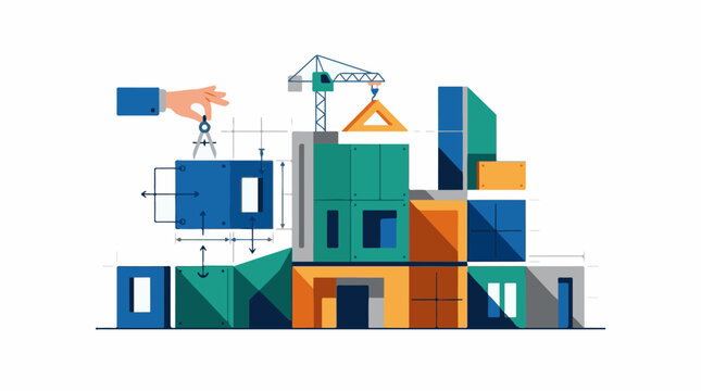 Blueprinting a modern structure with a hand crane and building blocks