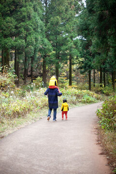 Rear view of a father carrying one child on his shoulders and walking down a quiet forest path with his children in late autumn.