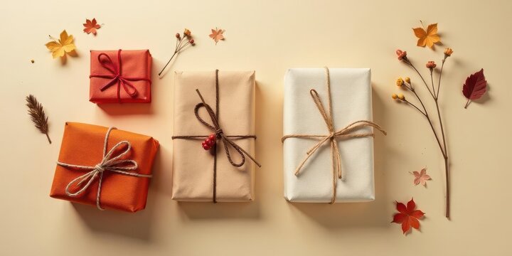 Autumnal Gift Presentation  Elegantly Wrapped Presents Decorated with Fall Foliage and Twine