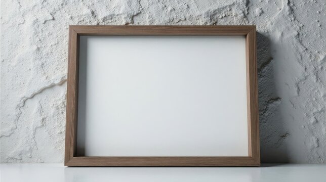 Blank Wooden Frame Against Textured White Wall Ready for Your Design or Artwork Presentation