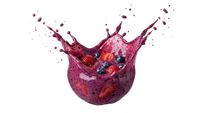 Vibrant berry smoothie splash with fresh strawberries and blueberries in mid-air on transparent background.