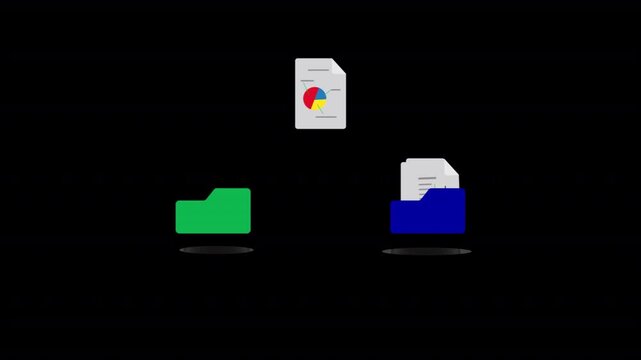 Animation of document transfer, representing file migration, document sharing, synchronization, and digital file management in alpha channel