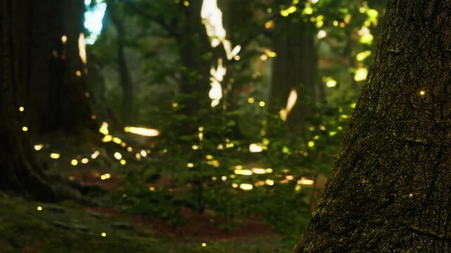 In a green forest, trees stand tall with patches of light shining through. Small glowing particles float in the air, creating a magical feel. The ground is covered in leaves and grass.