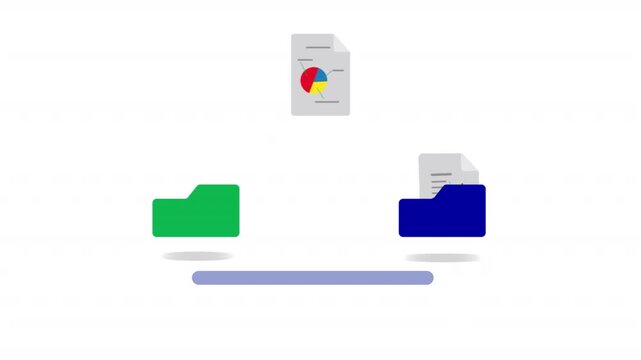Flat color animation of document transfer with individual pages flying from one folder to another, representing file migration, document sharing, synchronization, and digital file management