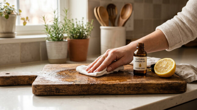 Woman cleaning wooden cutting board with lemon and lemon oil
